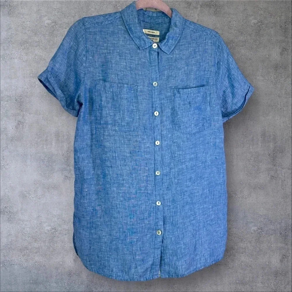 Christian Siriano Blue Linen Short Sleeve Button Down Size Small Beach Breezy - Picture 1 of 8
